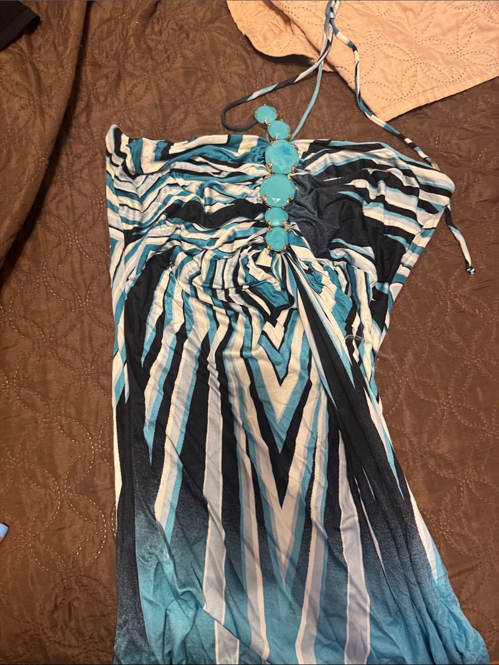 Sky Teal, Black & White Striped Halter Dress